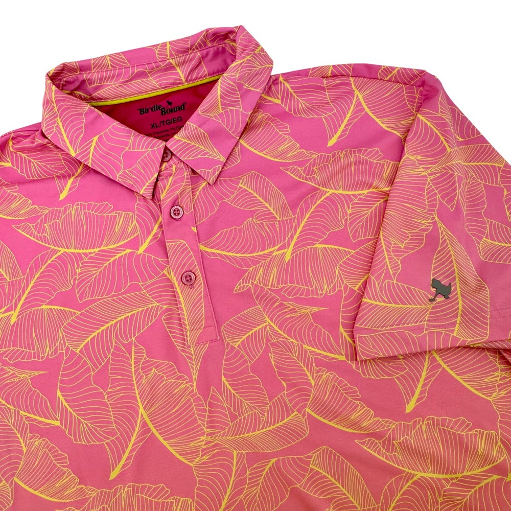 Birdie Bound Mens XL Pink Yellow Tropical Palm Leaf Performance Golf Polo Shirt